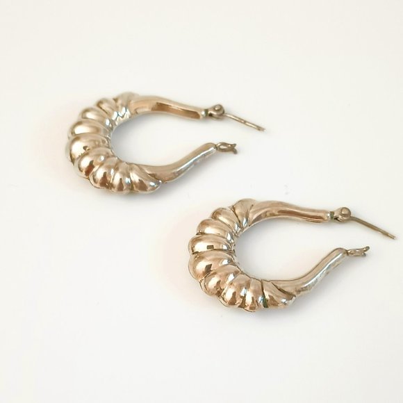 Sterling Silver Ribbed Hoop Earrings 925 Pierced Dangles By Sterling Creations - Picture 1 of 6